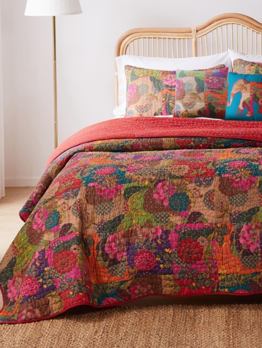 Greenland Home NWT Twin Cotton Jewel Kantha Quilt With Pillow Sham In Red